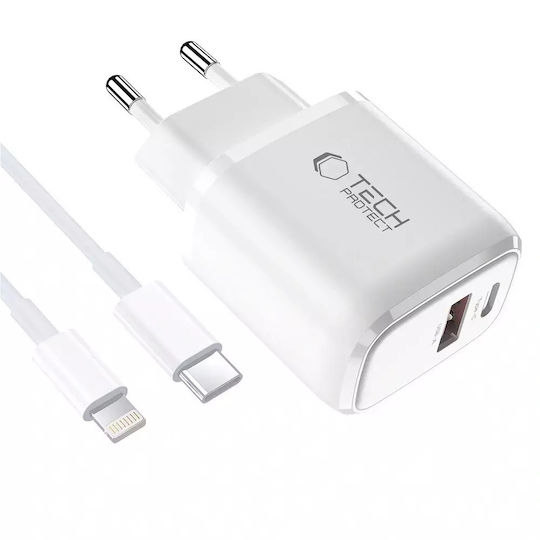 Tech-Protect Ladegerät mit USB-A Anschluss und USB-C Anschluss und Kabel USB-C - Lightning 20W Stromlieferung / Schnellaufladung 3.0 Weißs (NCA20)