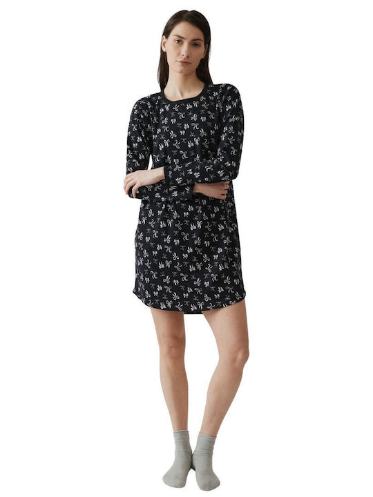 Minerva Winter Damen Nachthemd Black Allover