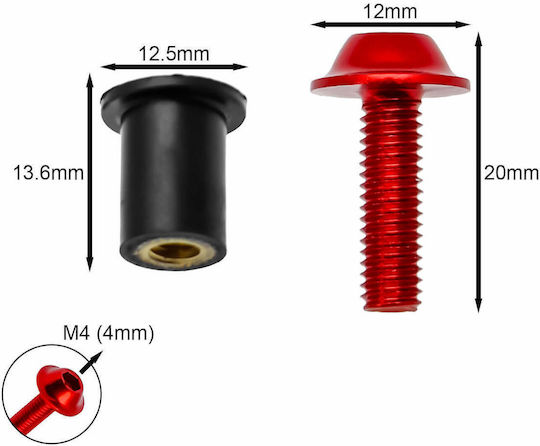 Motorcycle Fairing Bolts M4 20mm Length Red 10 Quantity Hw-0187