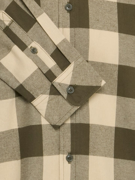 Long Sleeve Flannel Shirt in Regular Fit Checked Khaki