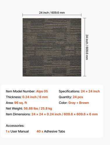 Vevor Set Plastic Floor with 24 Tiles 6mm L61cmxW61cm Gray