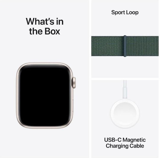 Apple Watch SE 2024 Aluminium 44mm Waterproof with Heart Rate Monitor (Starlight with Lake Green Sport Loop)