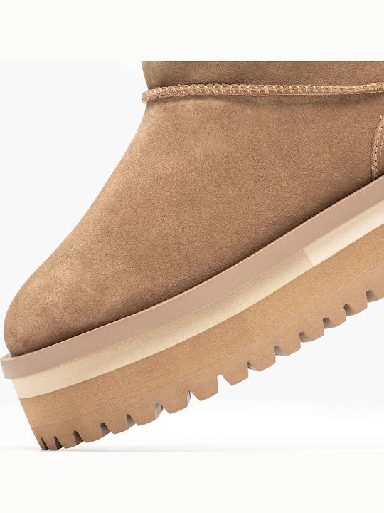 Leather Women's Ankle Boots with Fur Tabac Brown