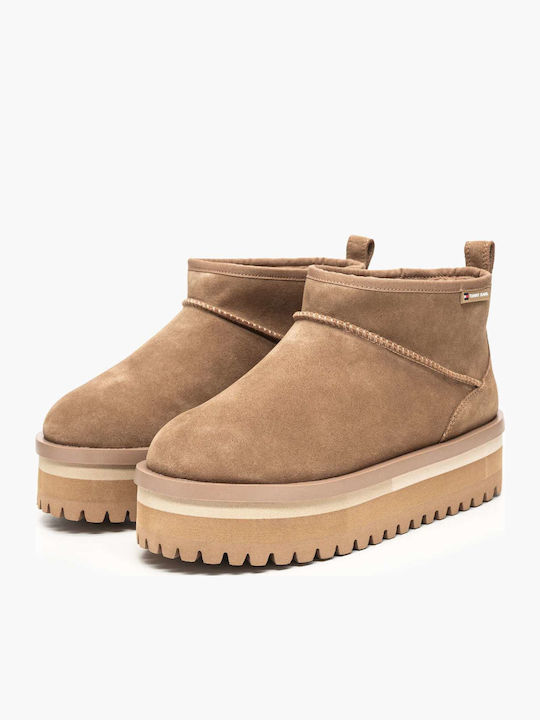 Leather Women's Ankle Boots with Fur Tabac Brown