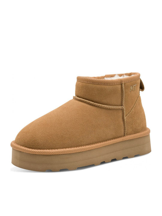 Leather Women's Ankle Boots with Fur Tabac Brown