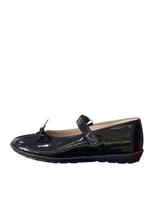 Kids Leather Ballerinas with Hoop & Loop Closure Black
