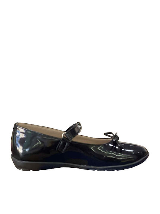Kids Leather Ballerinas with Hoop & Loop Closure Black