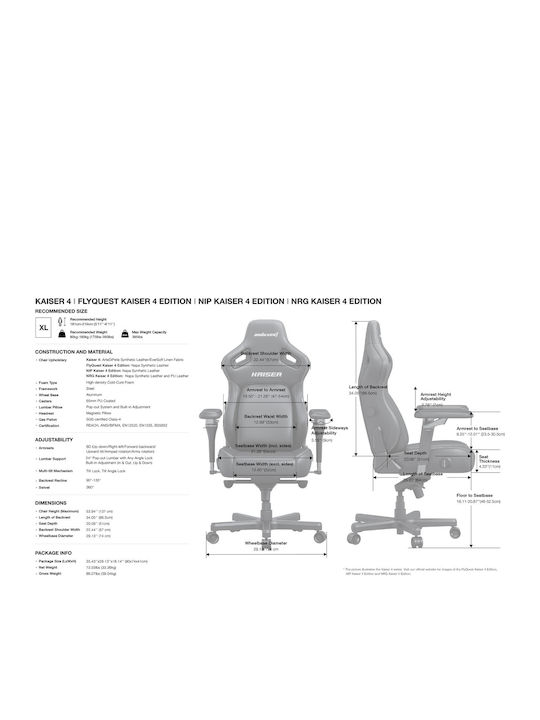 Anda Seat Kaiser-4 V2 XL Геймърски стол с регулируеми подлакътници Черен