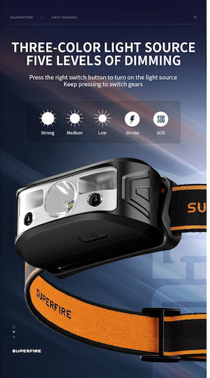 Superfire Lanternă cu Bliț Reîncărcabilă de Tip Cască LED IP44 cu Luminozitate Maximă 120lm Superfire