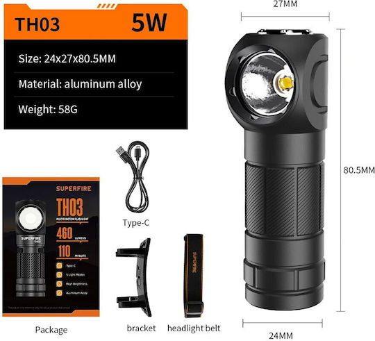 Superfire Επαναφορτιζόμενος Φακός Κεφαλής LED IP43 με Μέγιστη Φωτεινότητα 400lm