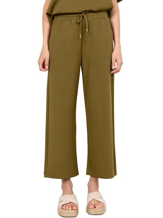 Damen Hoch tailliert Stoff Hose mit Gummizug Olive
