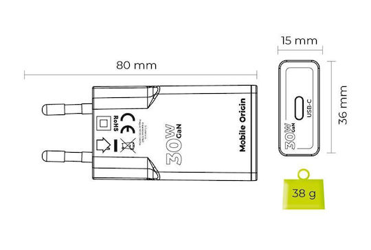 Mobile Origin Φορτιστής Χωρίς Καλώδιο GaN με Θύρα USB-C 30W Power Delivery Λευκός (MO17)