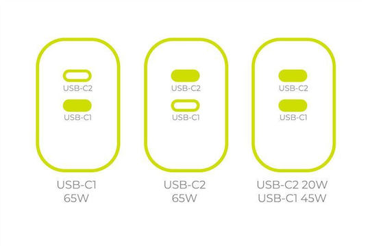Mobile Origin Mobile Phone Charger Without Cable GaN with 2 USB-C Output Ports 65W Power Delivery White
