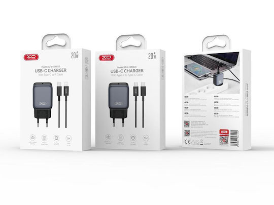 XO с USB-C порт и кабел USB-C - USB-C 20W Quick Charge 2.0 / Quick Charge 3.0 Черен (L153)