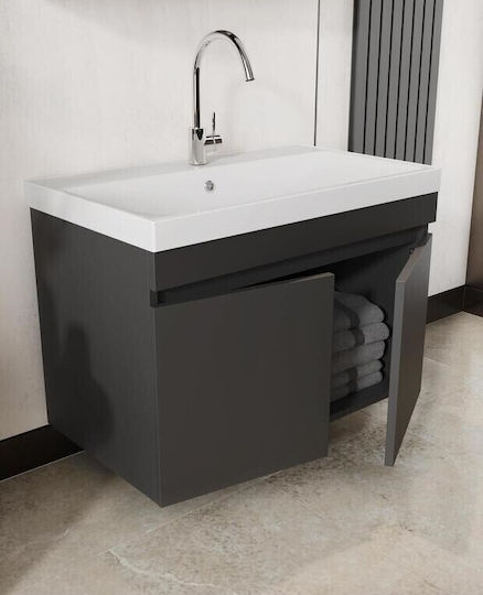 Set Unitate De Mobilier Pentru Baie Cu Chiuvetă Și Oglindă – Matt Antracit Mdf 80x60x45cm