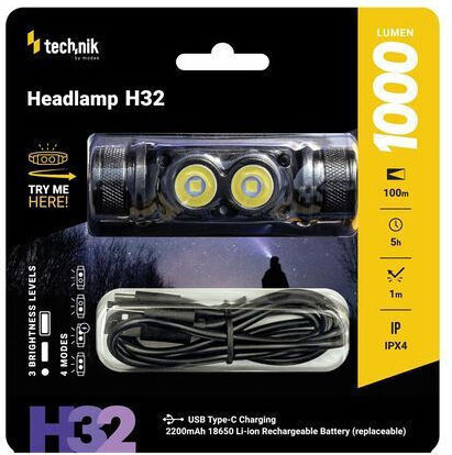 Technik Rechargeable Headlamp LED IPX4 with Maximum Brightness 1000lm White