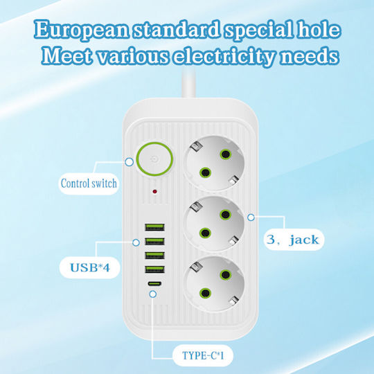 Cable Power Strip with Surge Protection 3 Positions with 4 USB-A, 4 USB-C, Switch and Cable 5m