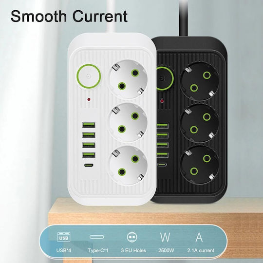 Cable Power Strip with Surge Protection 3 Positions with 4 USB-A, 4 USB-C, Switch and Cable 5m