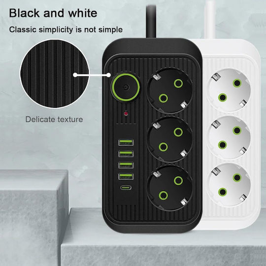Cable Power Strip with Surge Protection 3 Positions with 4 USB-A, 4 USB-C, Switch and Cable 5m