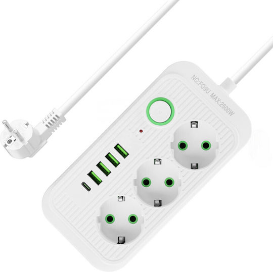 Cable Power Strip with Surge Protection 3 Positions with 4 USB-A, 4 USB-C, Switch and Cable 5m