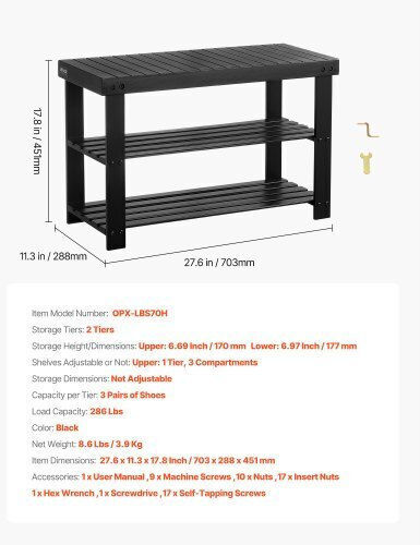 Wooden Shoe Organizer Black 27.6x11.3x17.8cm