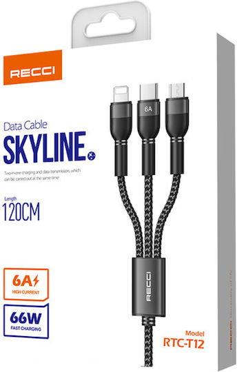 Recci USB to Lightning / Type-C / micro USB Cable Μαύρο 1.2m RTC-T12