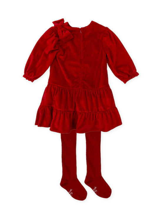 Kids Dress Long Sleeve Velvet Set with Tights Red