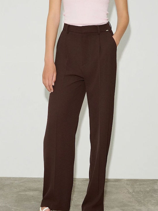 Women's High-waisted Fabric Trousers Regular Fit Chocolate