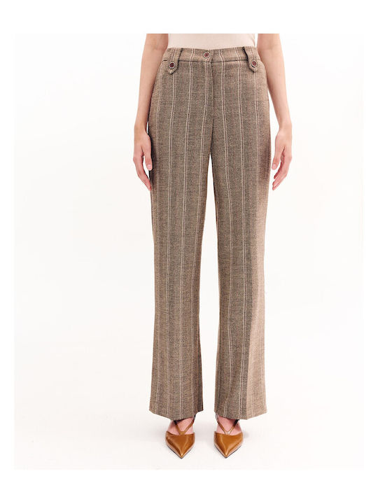 Women's Fabric Trousers Straight Line Striped Camel