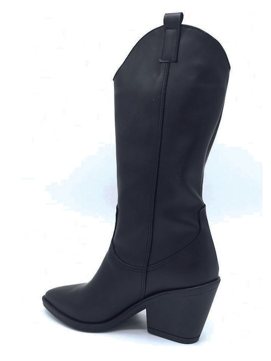 Leather Medium Heel Women's Boots Black