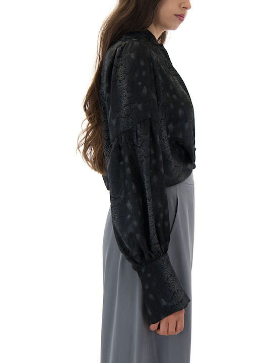 Women's Silky Long Sleeve Shirt Grey-Black