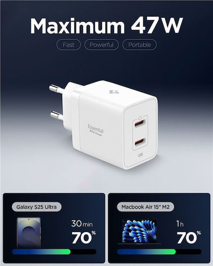 Spigen Φορτιστής Χωρίς Καλώδιο με 2 Θύρες USB-C 47W Power Delivery / Quick Charge 3.0 Λευκός (Essential EE472EU)