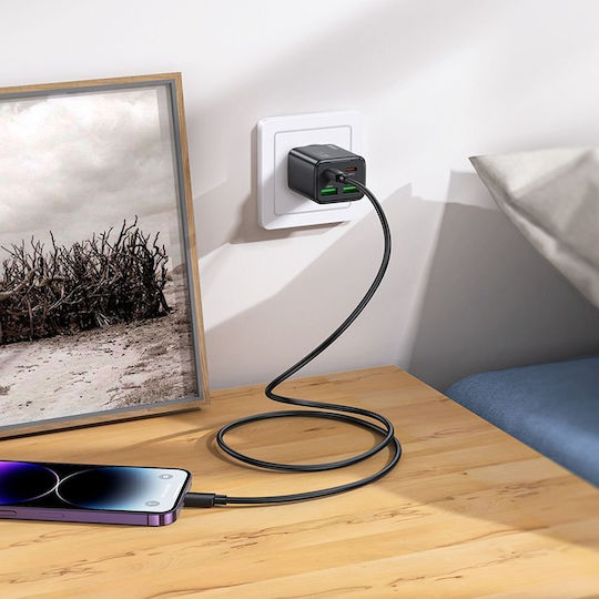 Hoco Φορτιστής GaN με 2 Θύρες USB-A και 2 Θύρες USB-C και Καλώδιο USB-C - Lightning 20W Power Delivery / Quick Charge 3.0 Μαύρος (N55 Fundador)