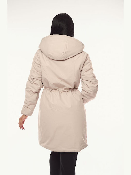 Women's Long Lifestyle Jacket for Winter with Hood Ecru