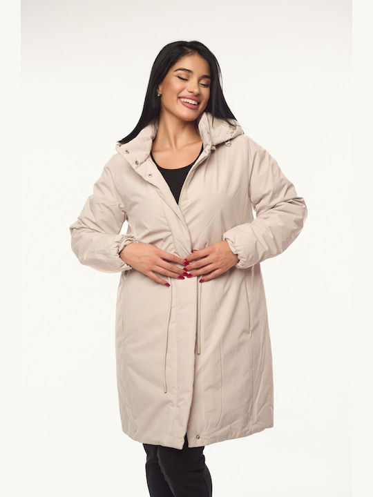 Women's Long Lifestyle Jacket for Winter with Hood Ecru