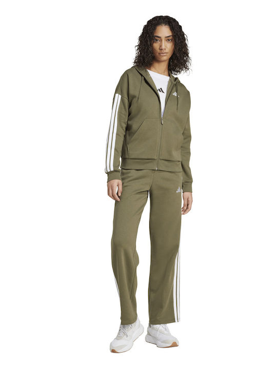 Essentials 3-stripes Γυναικεία Ζακέτα Φούτερ με Κουκούλα Χακί