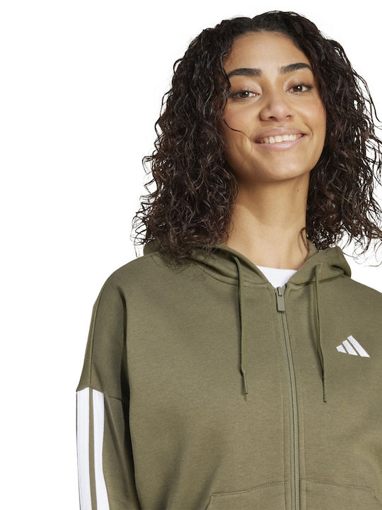 Essentials 3-stripes Γυναικεία Ζακέτα Φούτερ με Κουκούλα Χακί