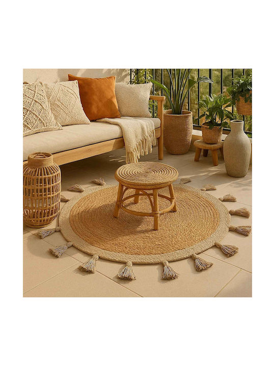 Espiel Seagrass Teppich Rund Sommer aus Jute mit Fransen Beige