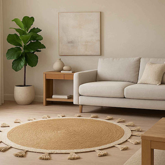 Espiel Seagrass Rug Round Summer from Jute with Fringes Beige