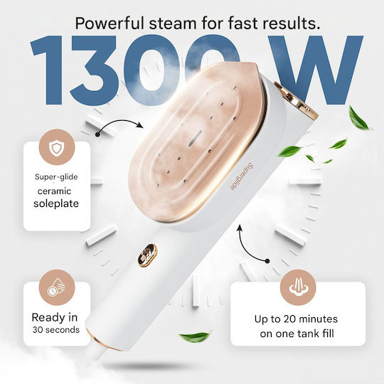 2in1 Vertical Steam Iron Proficare Superglide Ceramic Soleplate Garment Steamer Hand 1300W with Tank 80ml White