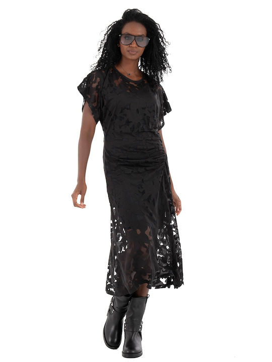 Rochie Midi De Seară Cu Dantelă Și Plasă Neagră