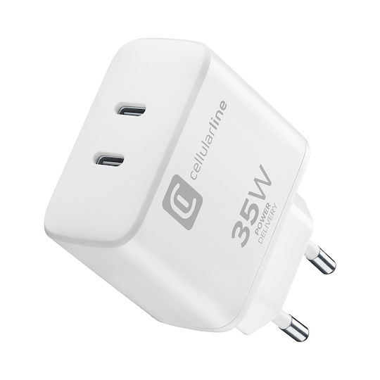 Cellular Line Charger Without Cable with 2 USB-C Ports 35W Power Delivery Whites
