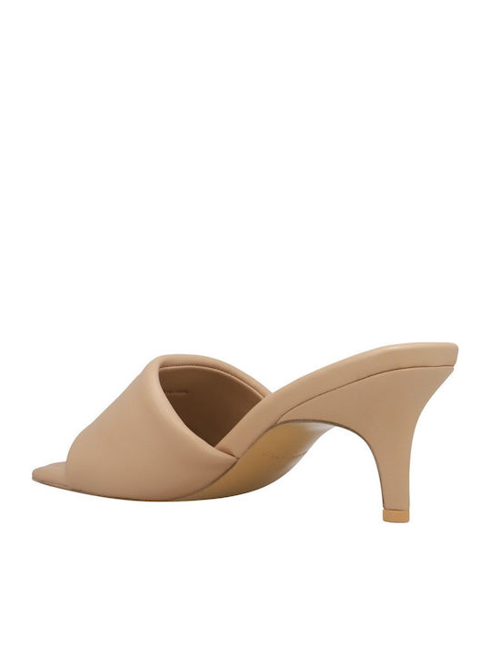 Leather Mules with High Heel in Beige Color
