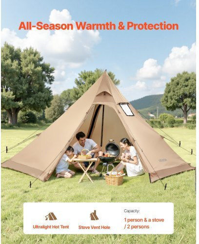 Vevor Σκηνή Camping Teepee Καφέ 4 Εποχών για 4 Άτομα 400x400x200εκ.