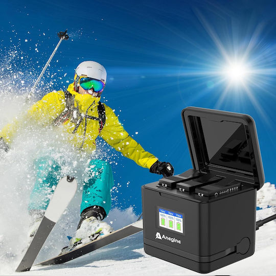 Set 3 Baterii 2300 mAh GoPro Hero 13 Încărcător Negru Cu 3 Sloturi Ecran LCD Cablu USB-A Slot USB-C Negru