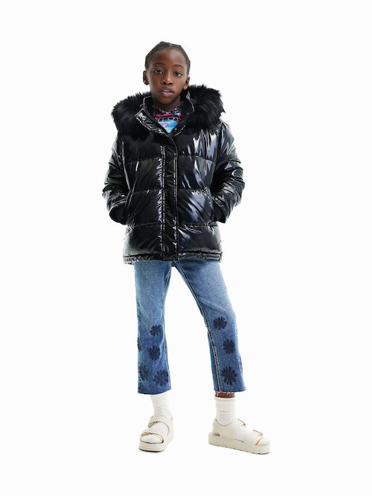 Kids' Quilted Jacket Short with Hood Black Saturno