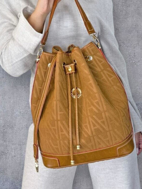 Women's Suede Drawstring Bag in Tabac Brown
