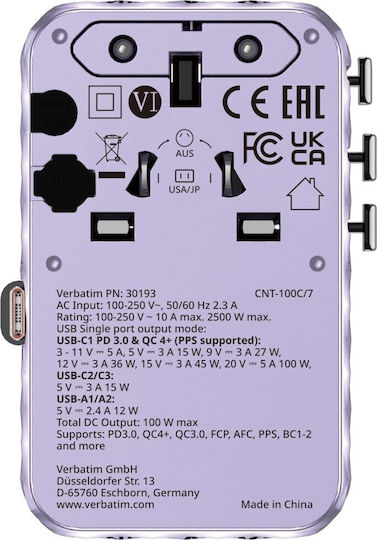 Verbatim Φορτιστής GaN με 2 Θύρες USB-A και 2 Θύρες USB-C και Καλώδιο USB-C 100W Power Delivery / Quick Charge 4+ Μωβ (Charge 'n' Travel)
