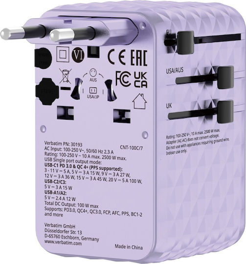Verbatim Φορτιστής GaN με 2 Θύρες USB-A και 2 Θύρες USB-C και Καλώδιο USB-C 100W Power Delivery / Quick Charge 4+ Μωβ (Charge 'n' Travel)