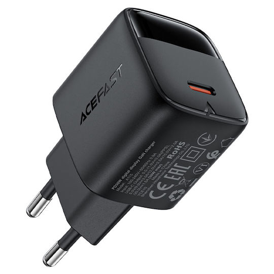 Acefast Φορτιστής GaN με Θύρα USB-C και Καλώδιο USB-C - USB-C 30W Μαύρος (A115)